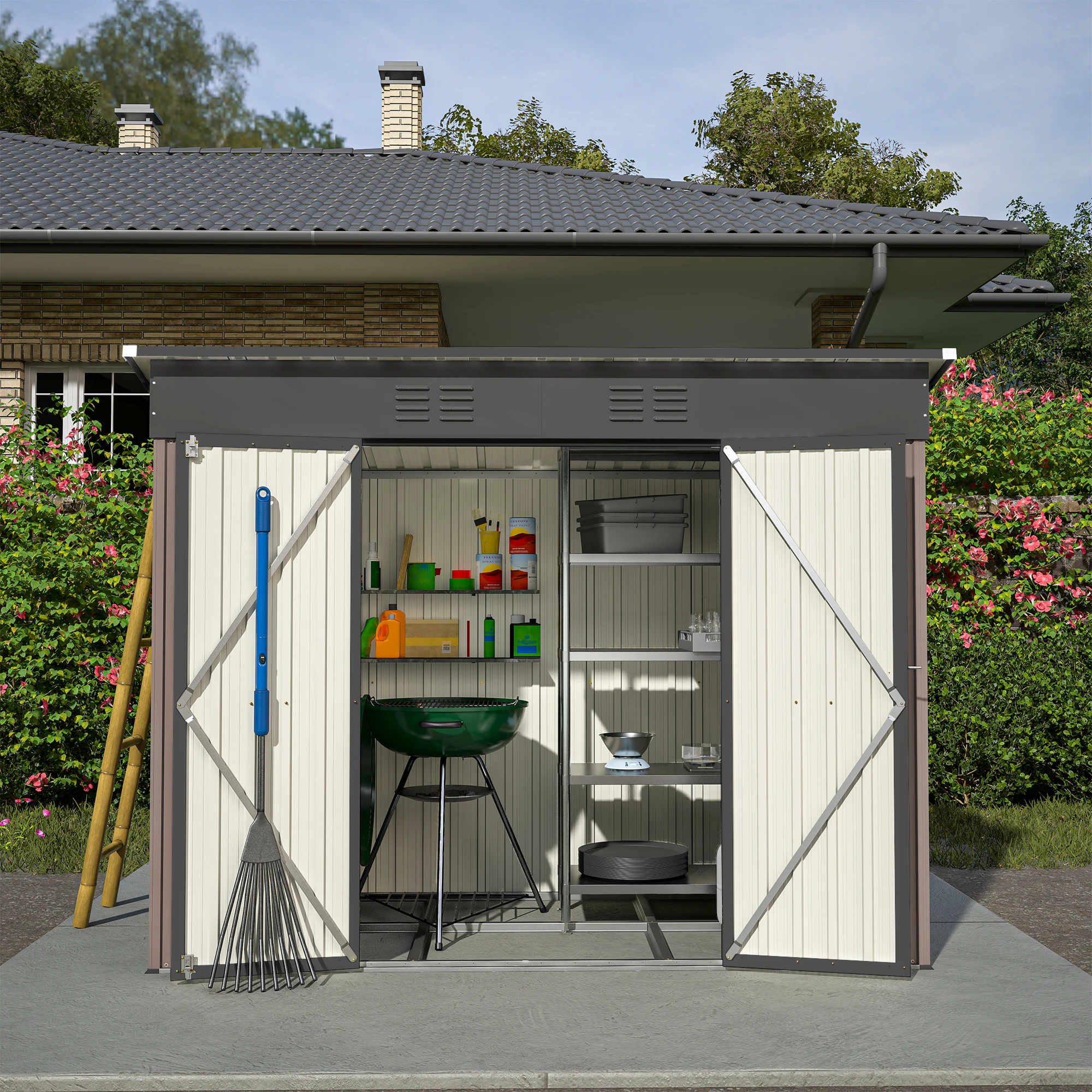 Abri de jardin extérieur 8x4 pieds! Abri de jardin en métal résistant aux intempéries avec fondation. Grand organisateur d'outils pour jardin et terrasse, marron.