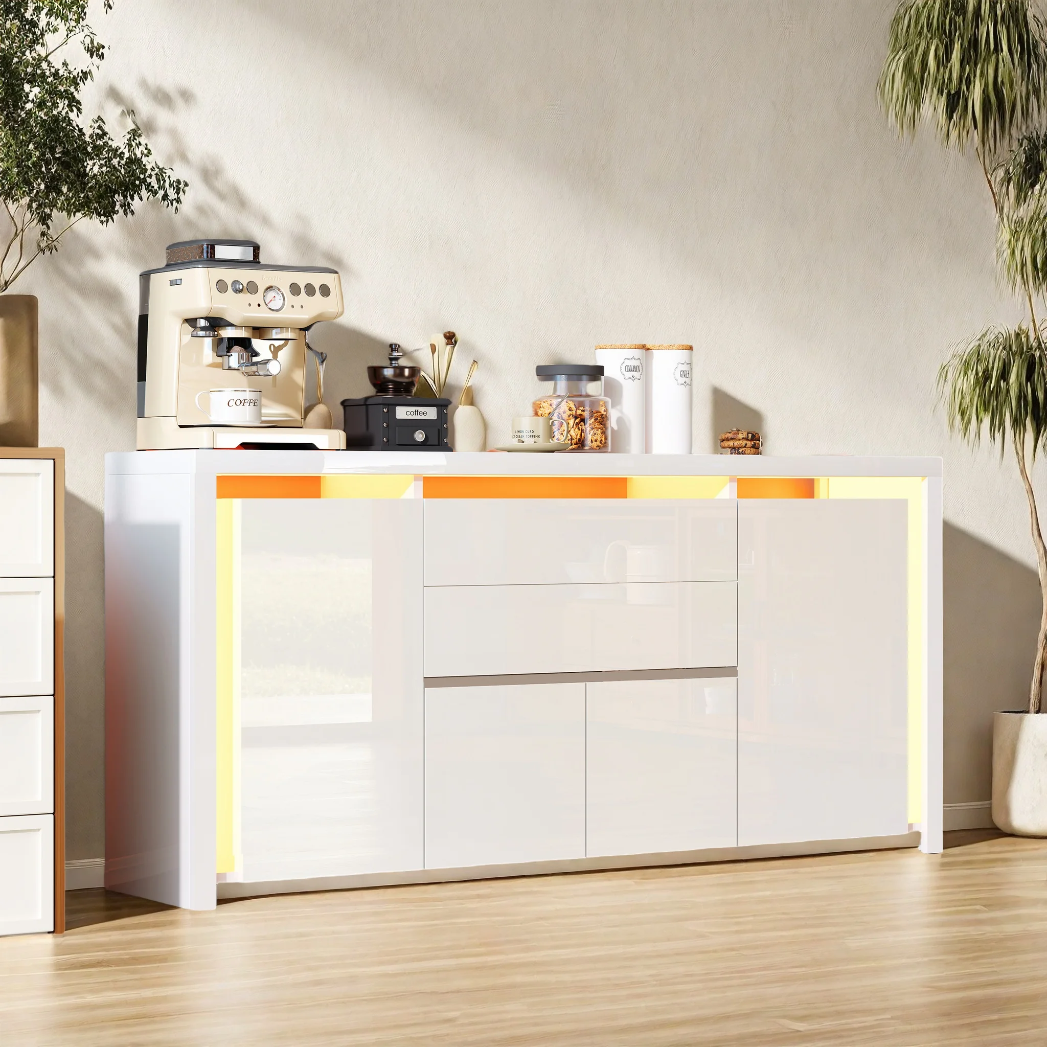 Buffet, meuble TV, avec éclairage LED, 4 portes, 2 tiroirs, table d'appoint, meuble de rangement, meuble a tiroir, blanc