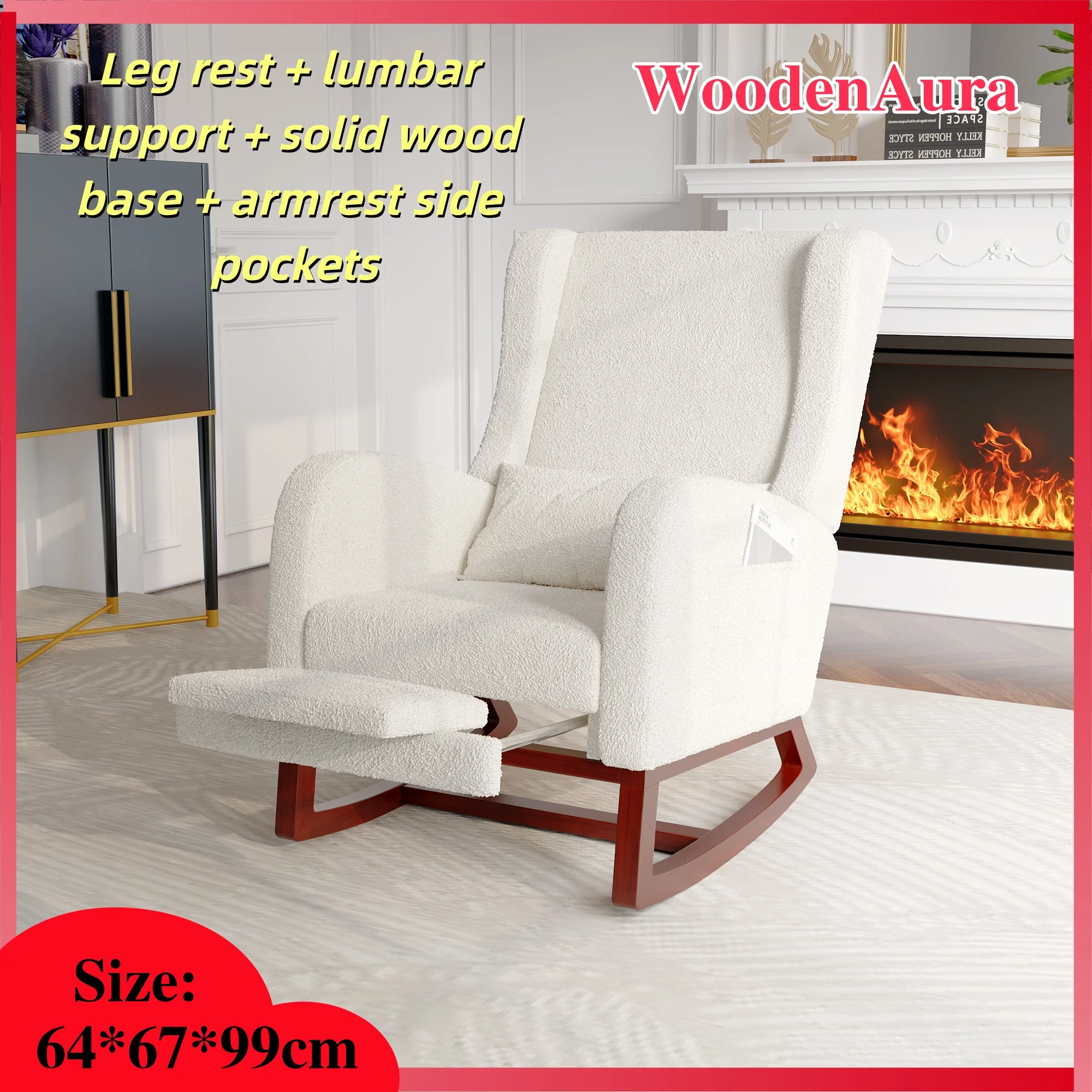 WOODENAURA Liegestuhl aus Teddy-Samt, Massivholzstuhl, Wohnzimmerstuhl mit Armlehnen, Fußstütze und Seitentaschen, Weiß (64 x 67 x 99 cm) Image