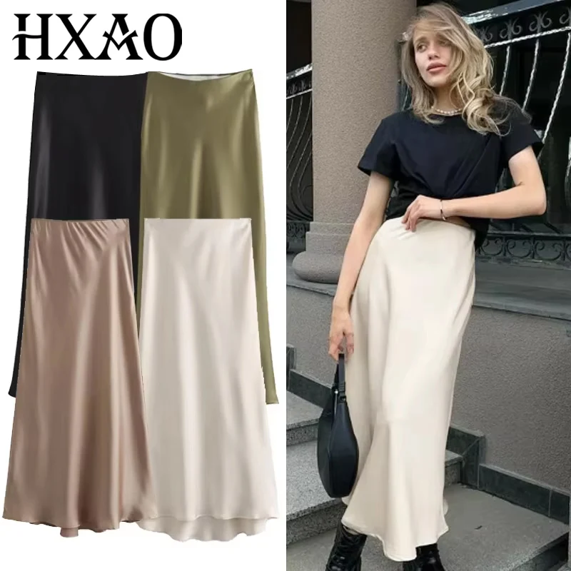 HXAO Damen Satin Lange Röcke Schwarz Weiß Grün Khaki Rock Sommer Elegante Damenröcke Luxuriöse glatte Röcke mit hoher Taille 066