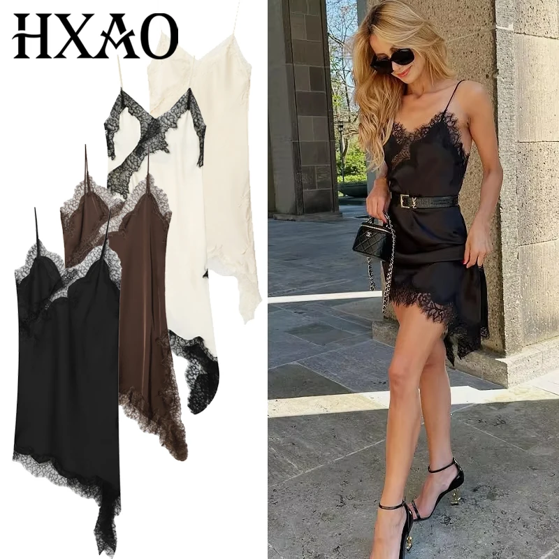 HXAO Spitze Asymmetrisches Slip Kleid Damen Kleid Sommer Schwarz Braun Kleid Elegante Partykleider Sexy Ärmellos Rückenfrei Vestidos