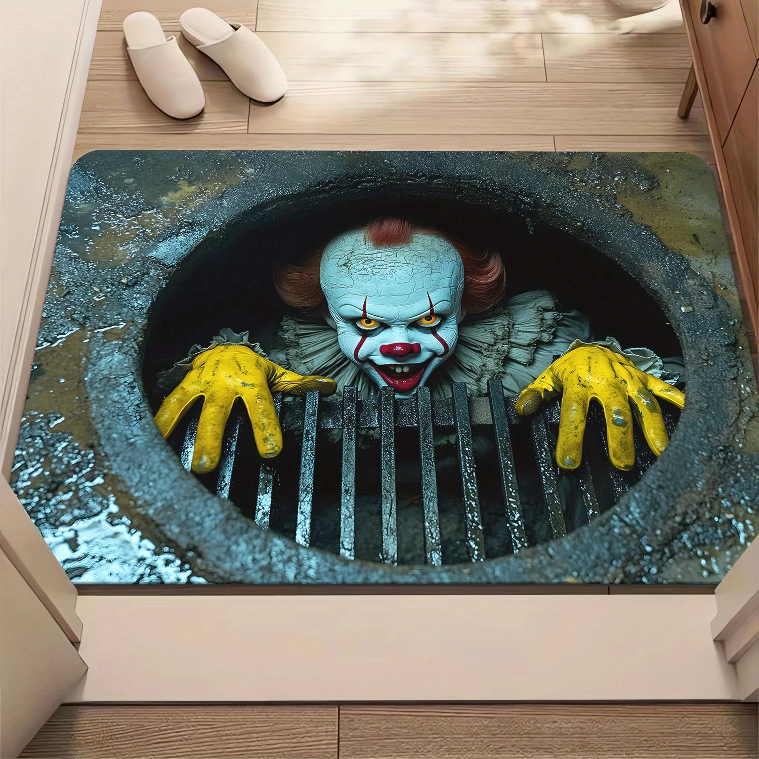 VIKAMA Erschreckende 3D-Clown-Fußmatte, rutschfest und schmutzabweisend, für drinnen und draußen, für Halloween, Heimdekoration, Teppich Image