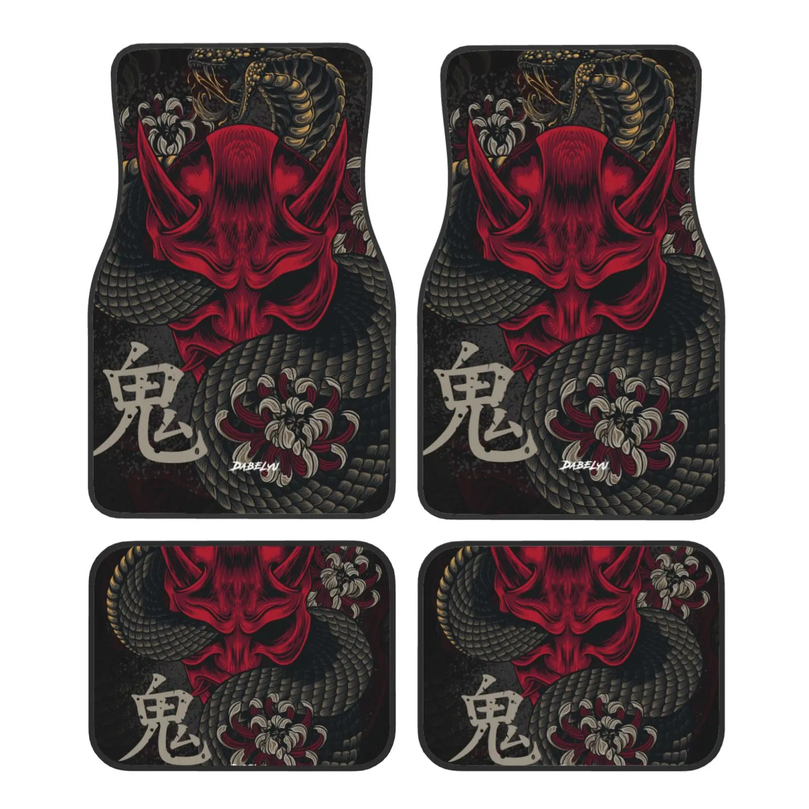 JAPANISCHE KUNST ONI MASKE Schlange Auto-Bodenmatte, 4-teiliges Set, geeignet für alle Auto-Bodenmatten-Zubehör, Kristall-Samt-Fußmatten