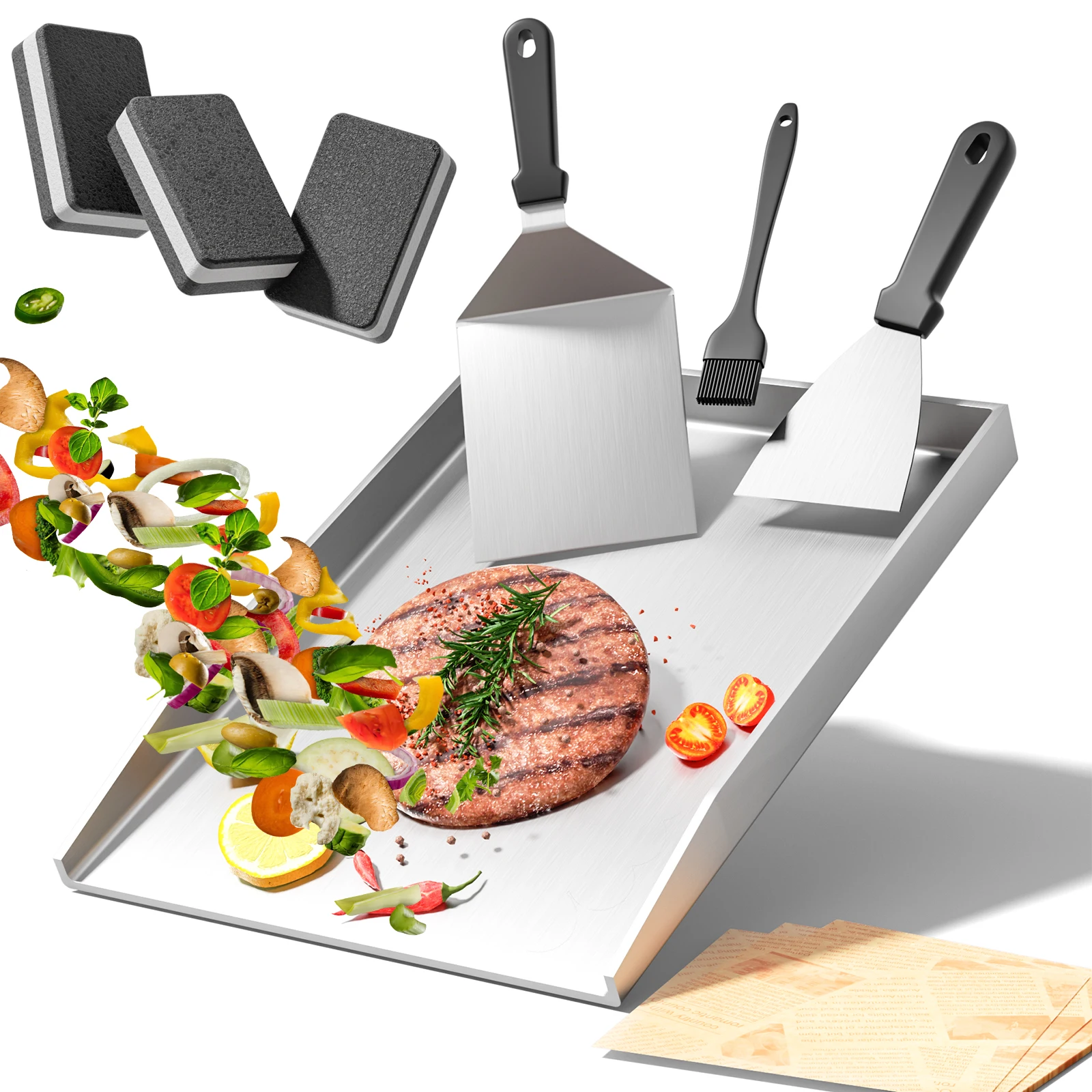 Grillplatte aus 4 mm Edelstahl 304, 40x30 cm, für Feuerstelle, Grill, Herd. Enthält Grillspatel-Set und Burgerpapier. Image