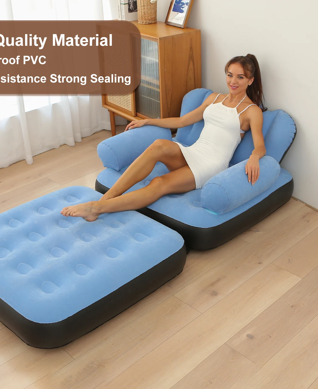 1-teiliges aufblasbares 5-in-1-Sofa in Hellblau und Kaffee – weich und bequem für den Einsatz zu Hause, im Garten und im Freien Image