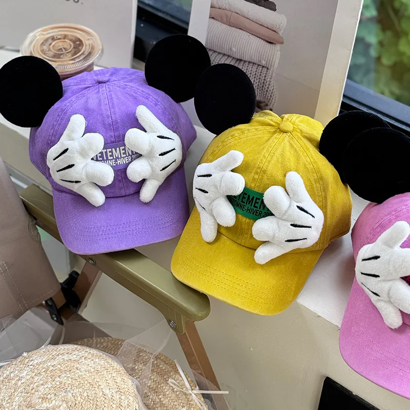 MINISO Cartoon Mickey Ears Baseballkappe, bonbonfarbene Kinder-Baseballkappe für Erwachsene, gebürstete und süße Anime-Ware Image
