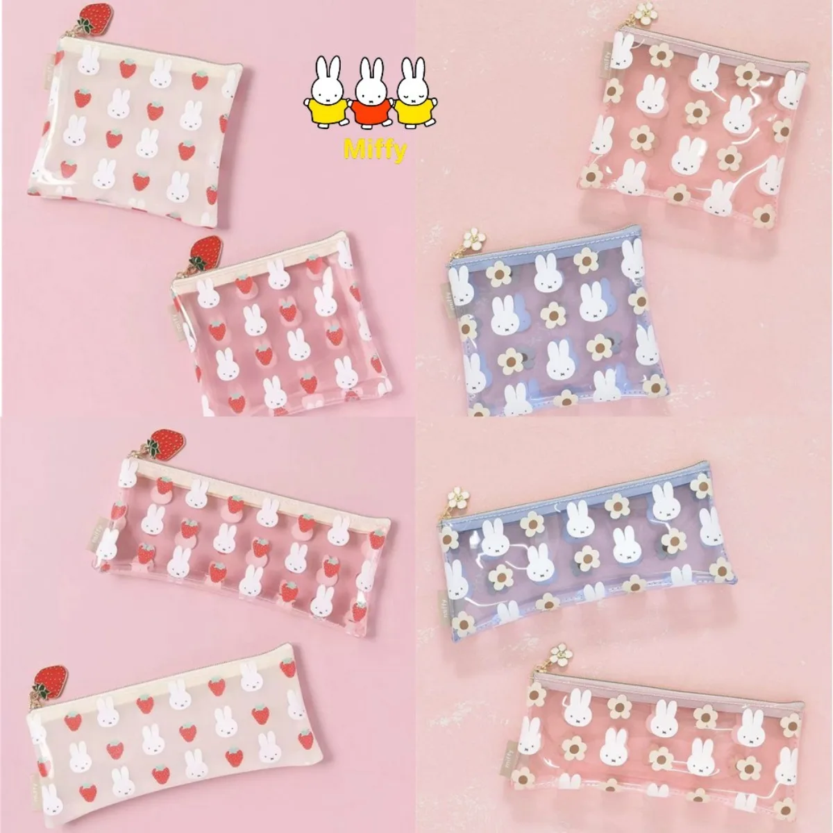 Kawaii Miffy Kaninchen Make-Up Lagerung Tasche Cartoon Gedruckt Erdbeere PVC Transparent Stift Fall Zipfel Stift Fall Schreibwaren Tasche Image