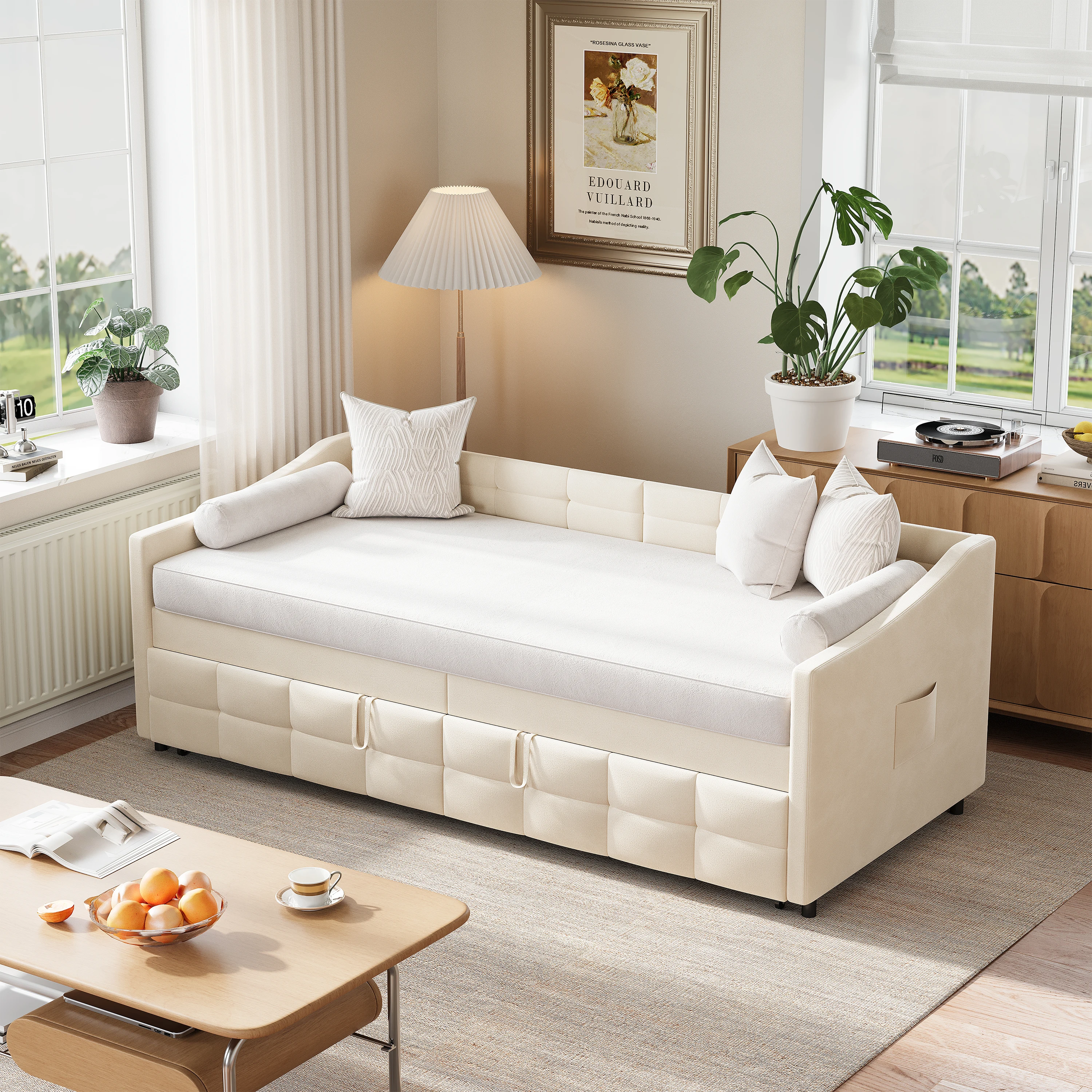 Comanlai Tagesbett, Ausziehbares Sofabett, Multifunktionales Einzelbett, Gästebett, Samtstoff, mit Lattenrost und seitlicher Aufbewahrungstasche Image
