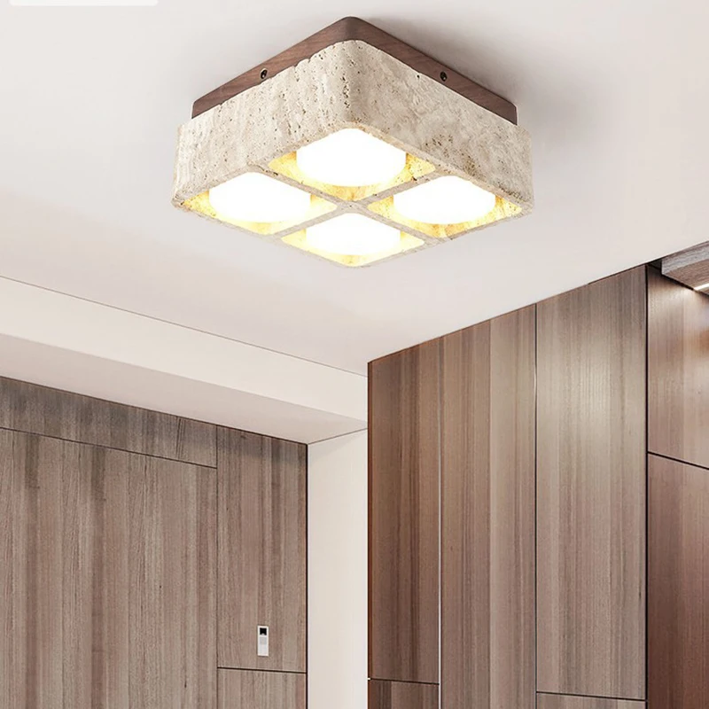 Japanische Vintage Stein Holz Deckenleuchte Walnussholz Deckenleuchte Schlafzimmer Flur Treppe Quadratische Travertin Deckenleuchte