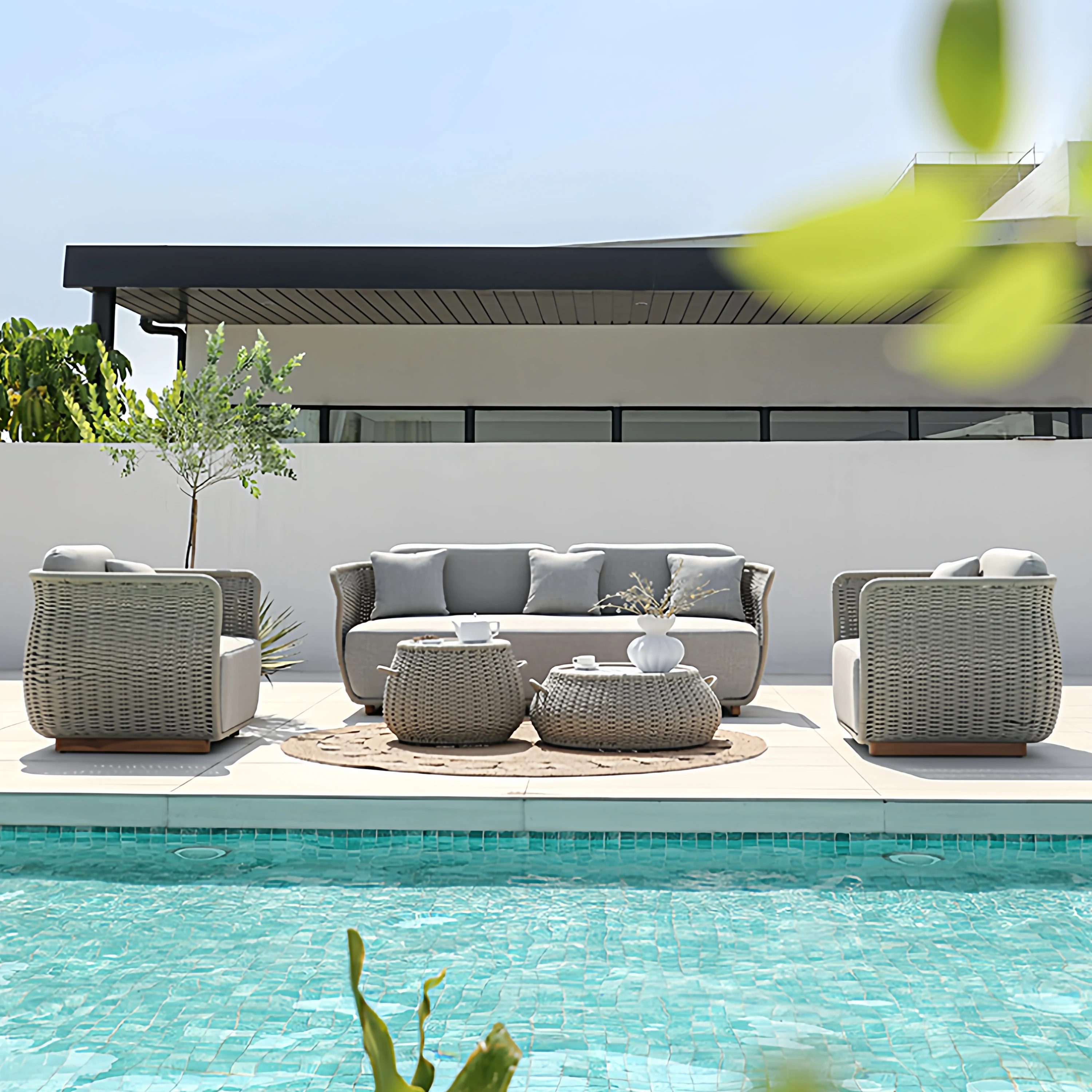 Rattan-Holz Gartenmöbel-Sets Strand-Stoff Gartenmöbel-Sets Runde Hinterhof-Muebles De Patio Exterior Terrassenmöbel