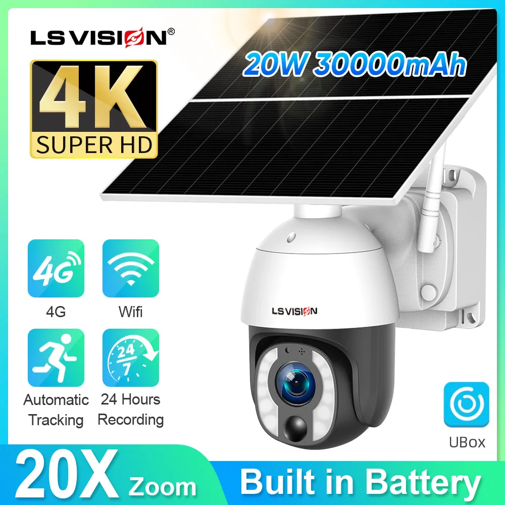 LS VISION 24-Stunden-Video-Solarkamera, 4G, 20-facher Zoom, 20-W-Panel, WLAN-Überwachung, PTZ-Kamera für den Außenbereich, integrierte 30000-mAh-Batterien Image