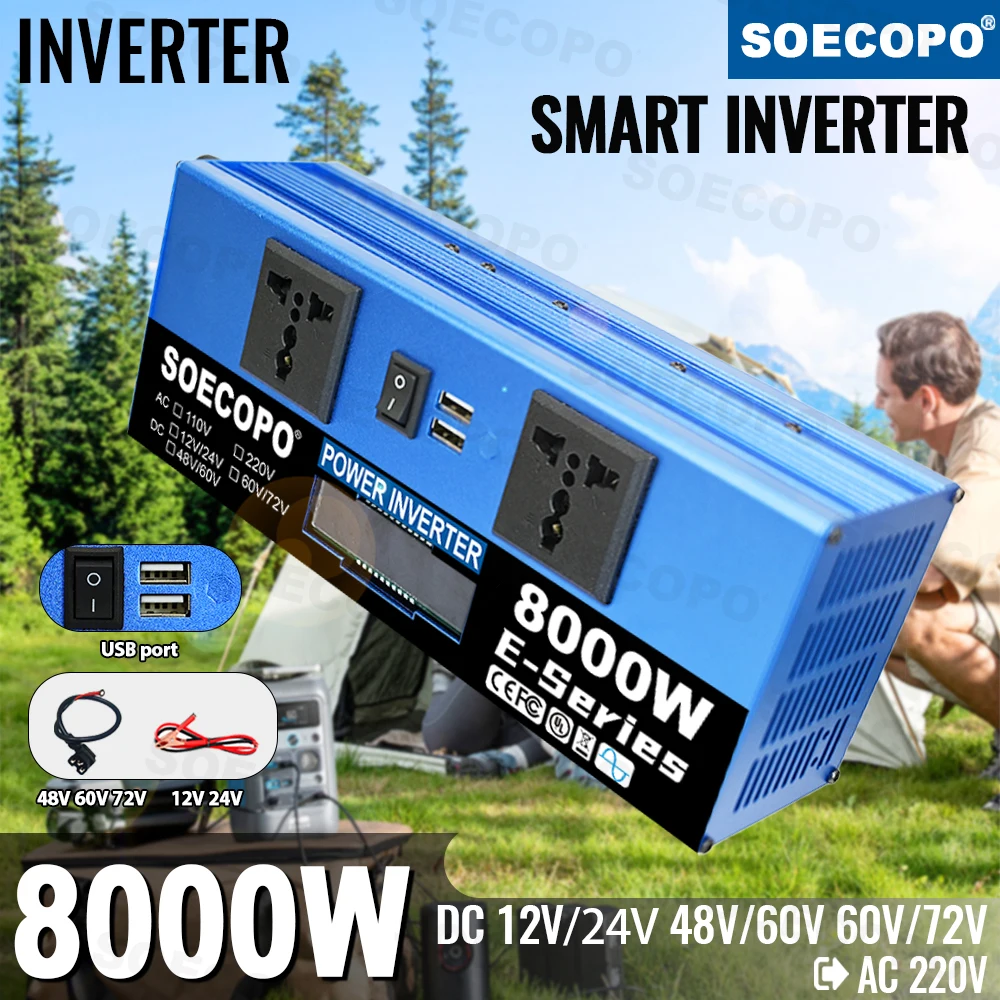 SOECOPO 8000 W Dual-Voltage-Auto-Wechselrichter DC 12 V/24 V 48 V/60 V 60 V/72 V zu AC 220 V 2 USB-Anschlüsse 2 Steckdosen Spannungswandler Camping RV Image