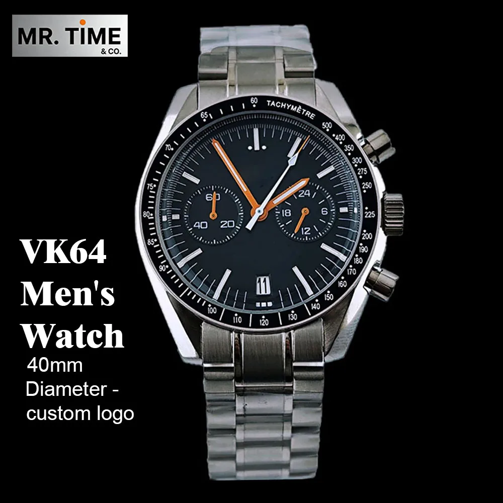 NEUE 40mm Uhr Quarz-Tachometer-Lünette Funktion Herren Edelstahl-Uhr Individuelles Logo VK64 Binokular-Chronograph Image