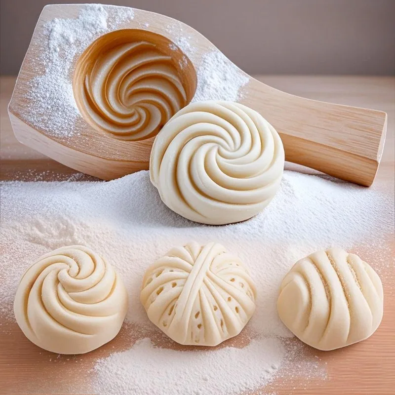 Nudelform für Haushaltsküche – handgefertigtes Baozi-Muster, gedämpftes Brot und Walnuss, Mooncake-Backform aus Holz, Blumenrollenform Image