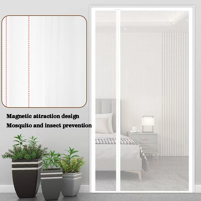 Weißer, seitlich öffnender, mückensicherer Türvorhang, magnetisches Saugdesign, unsichtbarer, mückensicher, keine Bohrinstallation Image