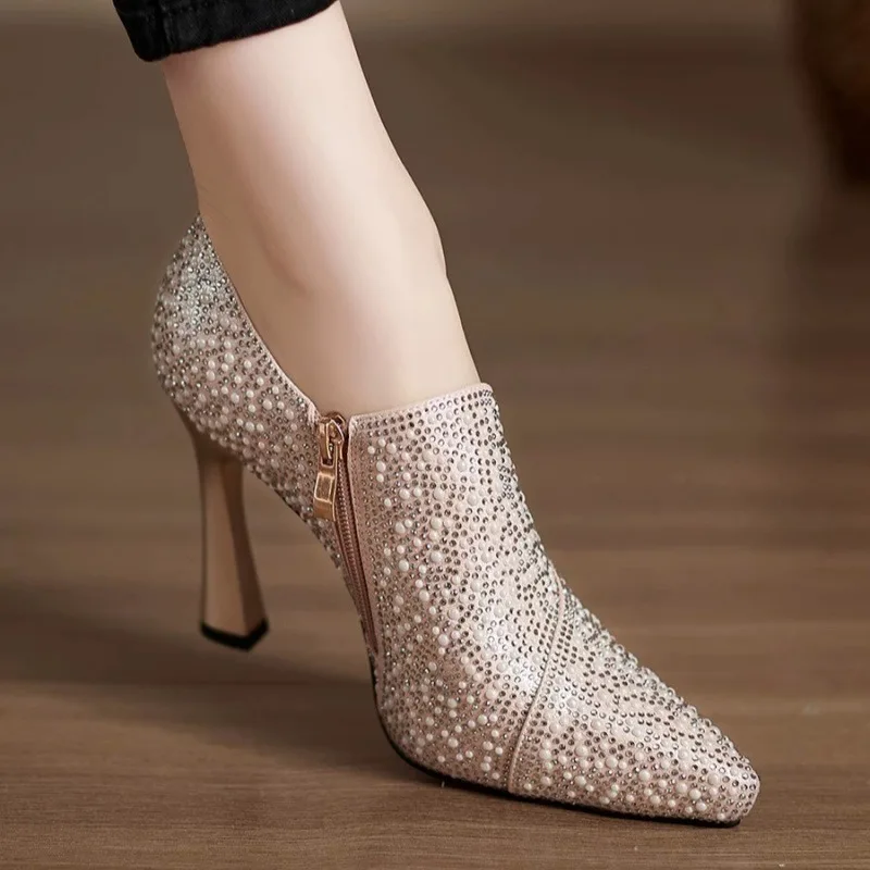 Strass High Heels Schuhe Sexy Spitz High Heel Einzelnen Schuh Luxus Perle Kristall Hochzeit Schuh Champagner Pumps Braut Schuhe Image