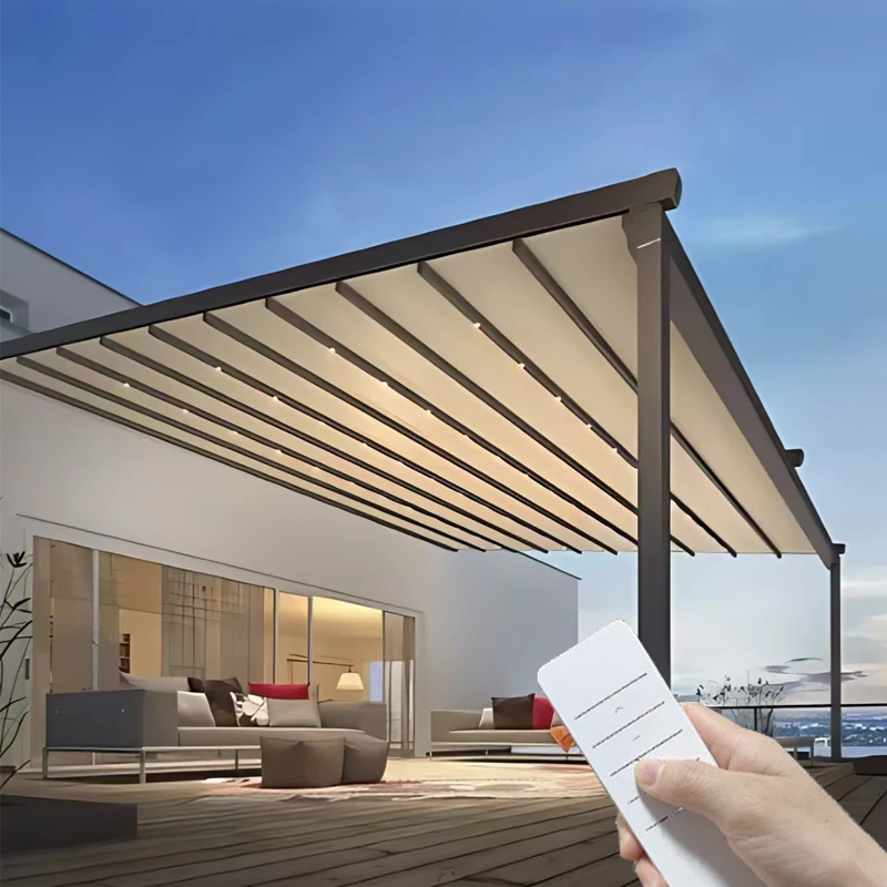 Motorisierte Aluminium-Pergola-Markise Wasserdichter Sonnenschutz für Außenterrasse und Garten Fernbedienbare Überdachung für Jedes Wetter Image