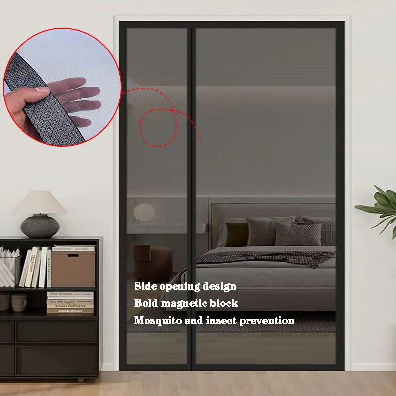 Schwarzer, seitlich öffnender, mückensicherer Türvorhang, magnetisches Saugdesign, unsichtbarer, mückensicher, selbstmontage ohne Stanze Image