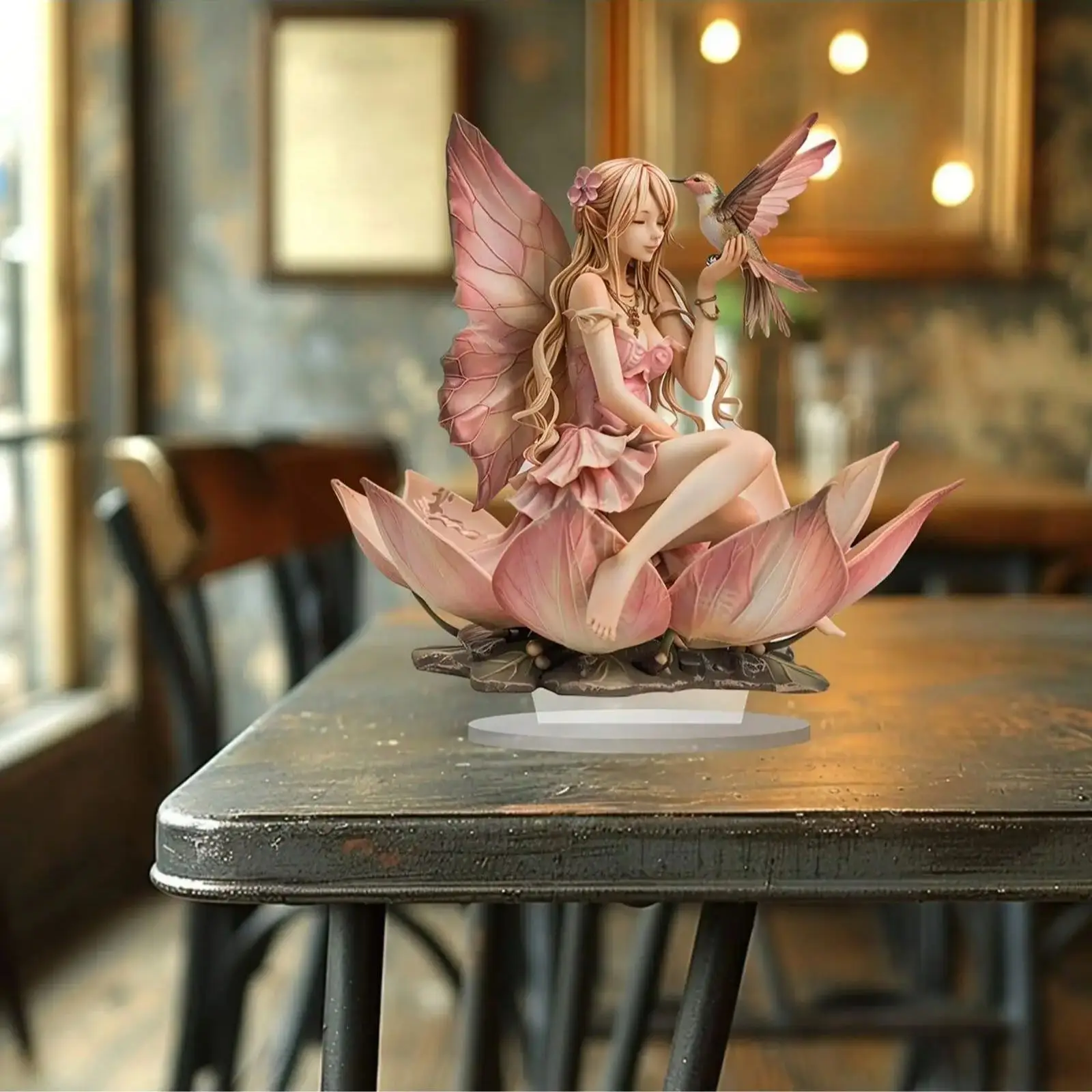 1 Stück kreative, elegante Fee sitzt auf Lotus mit Kolibri in der Hand, Desktop-Ornament. Dekoration für Zuhause, Büro und Mädchenzimmer Image