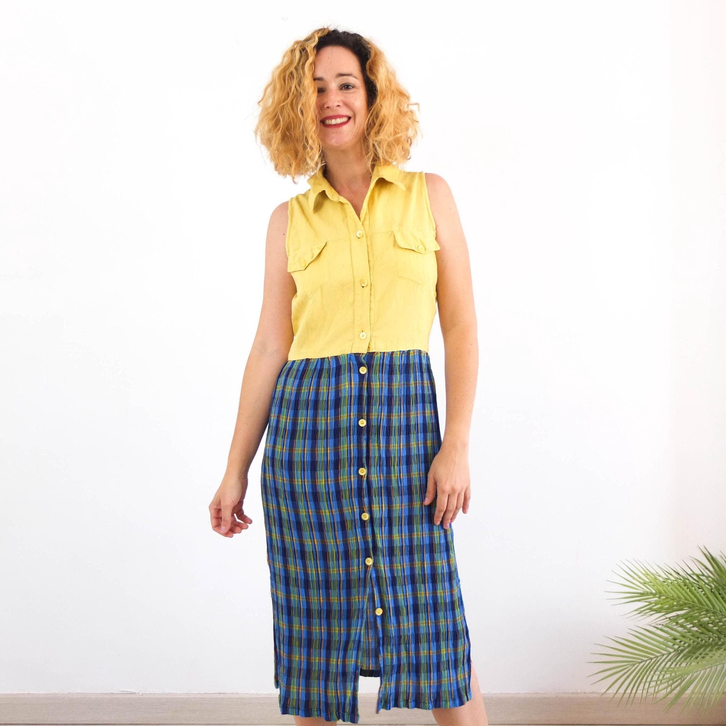 Abito lungo vintage a quadri grunge anni '90, abito vintage a quadri con bottoni, abito estivo vintage a quadri giallo-blu, abito lungo a quadri anni