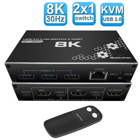 AUBEAMTO 4K/120HZ HDMI KVM Switch USB 3.0 Switcher KVM Switcher Support 8K@30Hz 4K/120HZ 1080/240HZ 2 Computers Share 3 USB Hub Keyboard Mouse Switch and 1 RJ45 Ethernet Switch with Remote