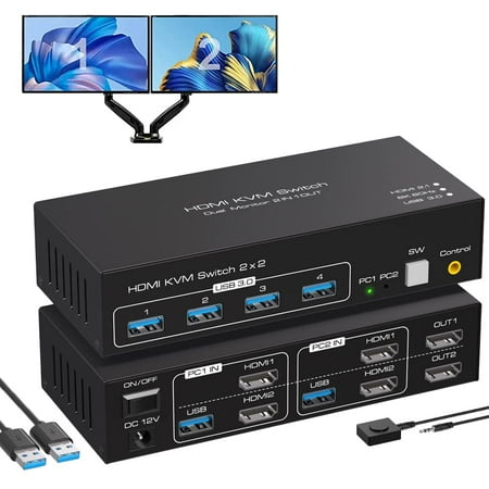 AUBEAMTO 8K KVM Switch HDMI 2 Monitors 2 Computers Support 8K@60Hz 4K@120Hz KVM Switcher PC Display Share 2 Monitors and 4 USB 3.0 Support Copy and Extend Mode Includes Desktop Control and Adapter