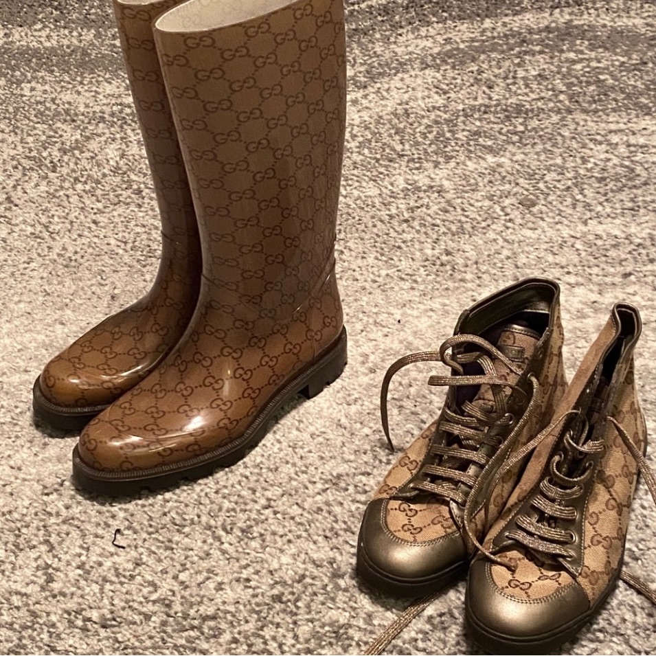 Gucci Shoes | Gucci Brown Monogram Rain Boots And Sneakers. Size 37 Boot Size 36.5 Sneaker | Color: Brown | Size: 37 Boot. 36.5 Sneakers