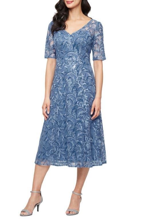Embroidered Tulle Cocktail Dress - Blue - Alex Evenings Dresses