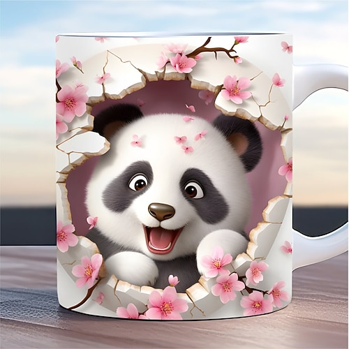 Niedlicher 3D-Kaffeebecher (325 ml) mit Katze, Kaninchen und Vogelmotiv, isolierter Keramikbecher, wiederverwendbar, nur Handwäsche, bezauberndes Tierdesign mit Blumen, perfektes Geschenk für Image