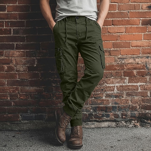 Herren Cargohose Hose Kordelzug Elastischer Bund Mehrere Taschen Einfach Außenbereich Atmungsaktiv Volle Länge Lässig Täglich Urlaub Lässig Schwarz Wein Unelastisch Image