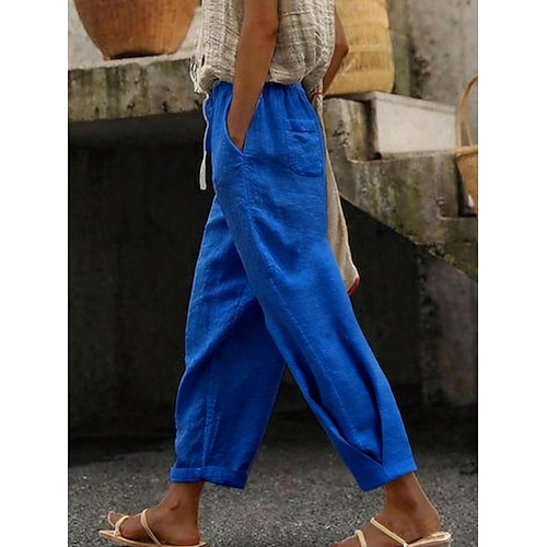 Damen Hose aus Baumwollleinen Chinos Gerade Urlaub Basic Lässig Volle Länge Hohe Taille Einfach Tasche Elastischer Bund Bequem Komfort Weich Mikroelastisch Outdoor Straße Alltagskleidung Blau Wei Image