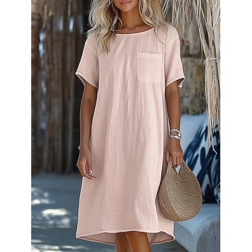 Damen Knielanges Kleid Baumwoll Mischung Freizeitkleid Baumwoll-Kleid T-Shirt-Kleid Mode Modern Täglich Urlaub Ausgehen Lässiger Schnitt Einfach Kurzarm Rundhalsausschnitt Blau Weiß Rosa Grün Sommer Image