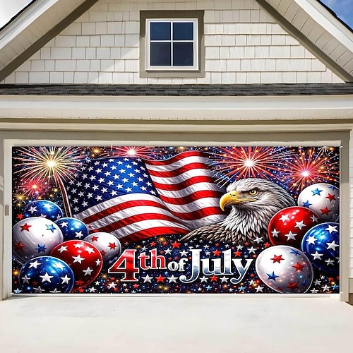 Dekorationen für Garagentore zum Unabhängigkeitstag am 4. Juli, patriotischer Hintergrund mit Feuerwerk und US-Flagge, Dekorationsartikel zum Gedenken an 250 Jahre amerikanische Freiheit, Veteranen Image