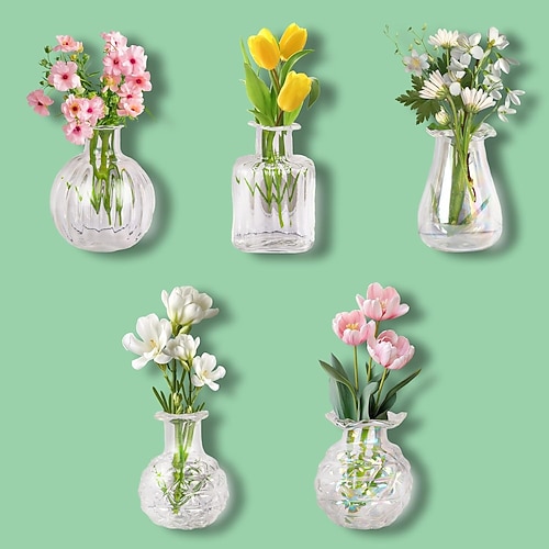 5er-Pack niedliche Mini-Vasenmagnete für den Kühlschrank, winzige Glasvasen mit Blumen, magnetische Kühlschrankdekoration für Küche, Büro und Spind Image