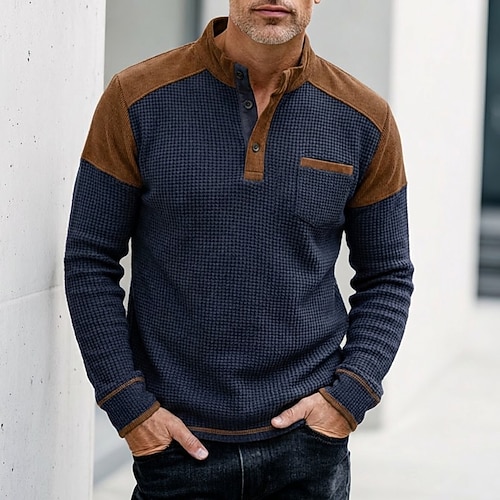 Herren Waffel T-Shirt T Shirt Waffel-Henley-Hemd Langarm Henley Herbst Winter Frühling Herbst Einfarbig Traditionell / Vintage Lässig Rein Lässig Heim Outdoor Schwarz Marineblau Grün Top T-Shirt Image