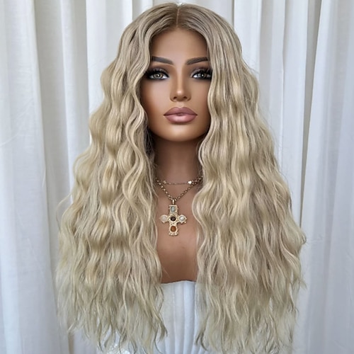 Echthaar 5x5 Verschluss 13x4 Spitzenfront Perücke Mittelscheitel Brasilianisches Haar Wasserwelle Blond Perücke 150% 180% Haardichte mit Babyhaaren Ombre-Haar Natürlicher Haaransatz 100% Unbehandelt Image