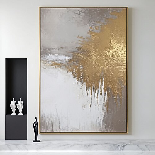handgemaltes, großes, abstraktes Gemälde in Gold und Weiß auf Leinwand, strukturiertes, modernes Kunstwerk für die Wandgestaltung im Wohnzimmer, Ölgemälde.