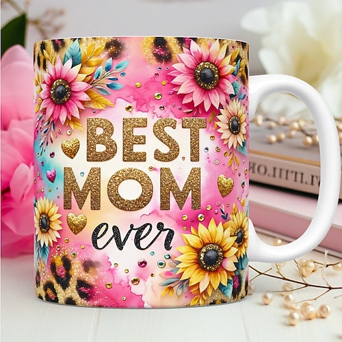 11oz Keramik-Kaffeebecher/Teetasse, mit dem Aufdruck „Beste Mama aller Zeiten"/„Mama" und einem lebendigen Blumendesign, spülmaschinenfest und wiederverwendbar – ideal als Geschenk zum Muttertag, Image