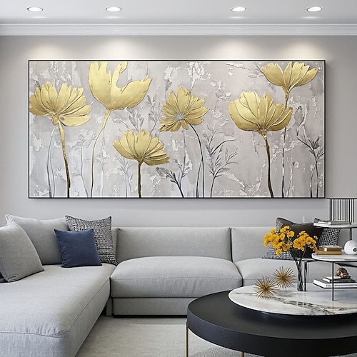 Handgemaltes Ölgemälde mit gold-weißen Blumen auf Leinwand – Wanddekoration, originales Gemälde mit Blattgold für die Blumenkunst, ideal für die Heimdekoration. Image