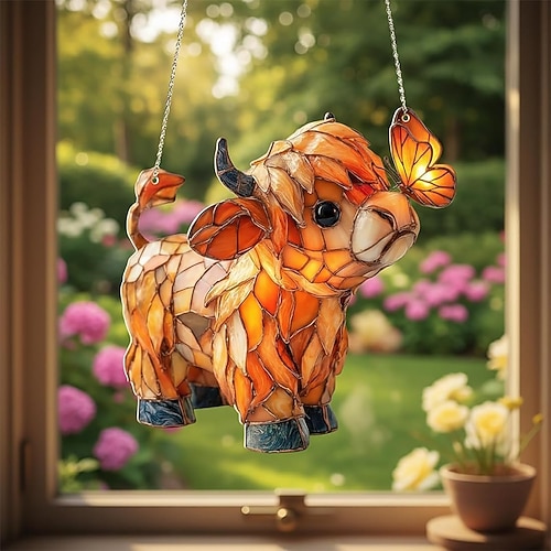 Schmetterlings-Sonnenfänger mit Hochlandkuhmotiv, Acryl-Fensterhänger, Bauernhoftier-Sonnenfänger-Dekoration für Zuhause, Wintergarten, Garten, Geschenk für Kuhliebhaber Image