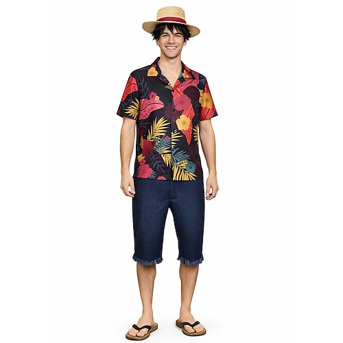 Ozeanabenteurer Kapitän Strohhutpirat Cosplay Kostüm Hawaii-Hemden Aloha-Hemd Anime Cosplay for Herren Erwachsene Halloween Karneval Strand Party Image