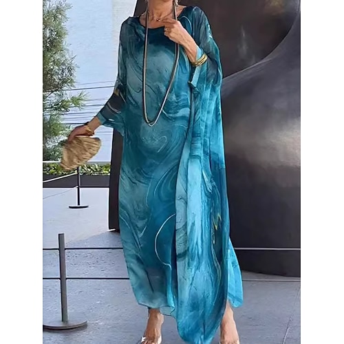 Damen Maxikleid Cocktailkleid Chiffonkleid Druckkleid Elegant Mode Modern Outdoor Urlaub Ausgehen Lässiger Schnitt Marmor Kurzarm Rundhalsausschnitt Blau Gelb Rote Grau Sommer Frühling Image