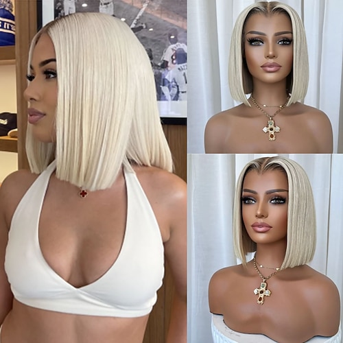 Kurzer Bob aus Echthaar, 5x5-Verschluss, kleberlose Perücke für Damen, 13x4-Spitzenfrontperücke mit Mittelscheitel, brasilianisches Ombré-Haar, glattes aschblondes Echthaar mit Babyhaaren Image