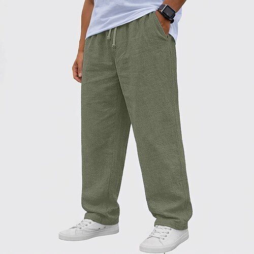 Herren Leinenhosen Hose Sommerhose Baggy-Hosen Strandhose Kordelzug Elastischer Bund Gerader Schnitt Einfach Komfort Atmungsaktiv Volle Länge Lässig Täglich Ferien Mode Basic Schwarz Weiß Unelastisch Image