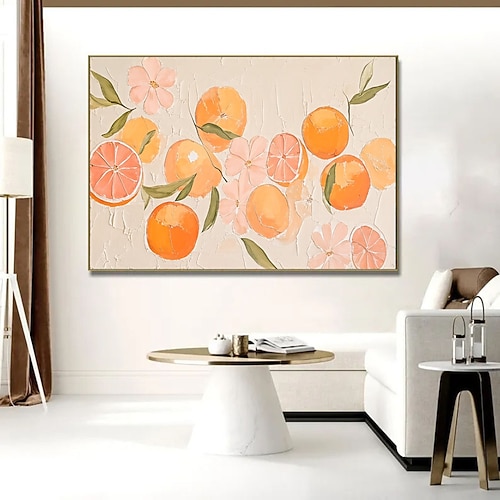 Handgemaltes Ölgemälde mit sommerlichen Zitrusmotiven, abstraktes, farbenfrohes und strukturiertes Fruchtmotiv für den Frühling Sommerlicher Bildschirmschoner mit leuchtend orange-rosa Früchten Image