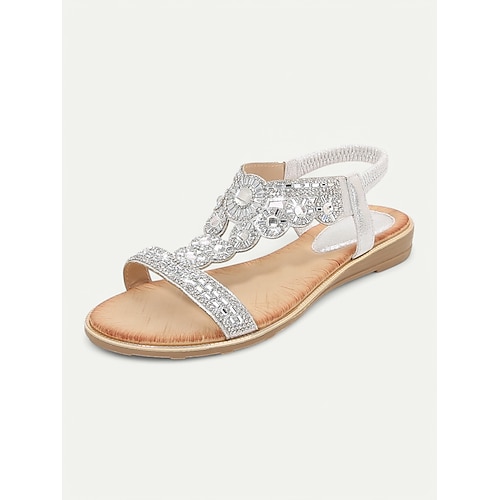 Mit Strasssteinen verzierte T-Riemchensandalen für Damen – elegante, flache Slingback-Sandalen für den Sommerstrand, Hochzeiten und Partys Image