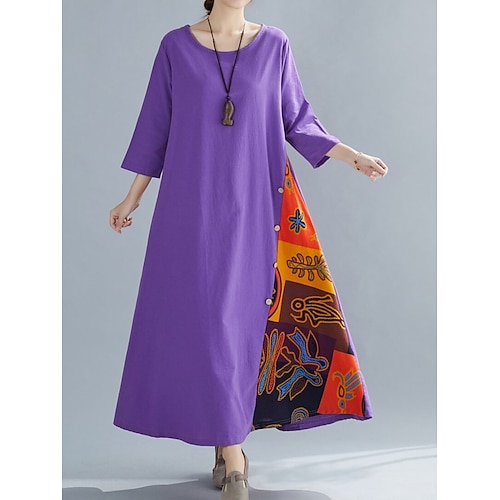 Frauen Leinenähnliche Fake Baumwolle Leinen Maxikleid Shift Kleid Lässig Alltag Lockerer Schnitt Blumenmotiv 3/4 Länge Ärmel Rundhals Schwarz Gelb Rot Lila Sommer Frühling Image