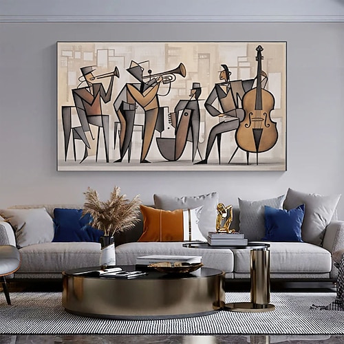 Handgefertigte moderne Jazzkunst, digitale Wandkunst, abstrakte Musikmalerei, Poster für Zuhause, Bürogestaltung, digitale Wandkunst, abstrakte moderne Malerei eines Musiktrios Image