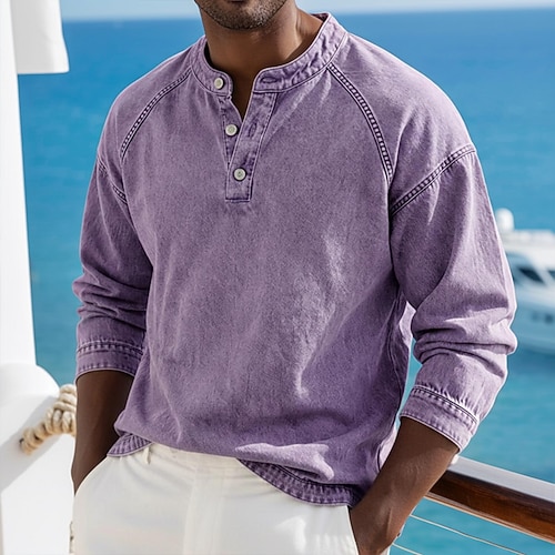 Herren T Shirt Henley Hemd Hemd aus 100 % Baumwolle in Säurewaschung T-Shirt Langarm Einfach Einheitliche Farbe Vintage Streetwear Lässig Rein Gewaschen Raglanärmel Stehkragen Henley Lässig Heim Image