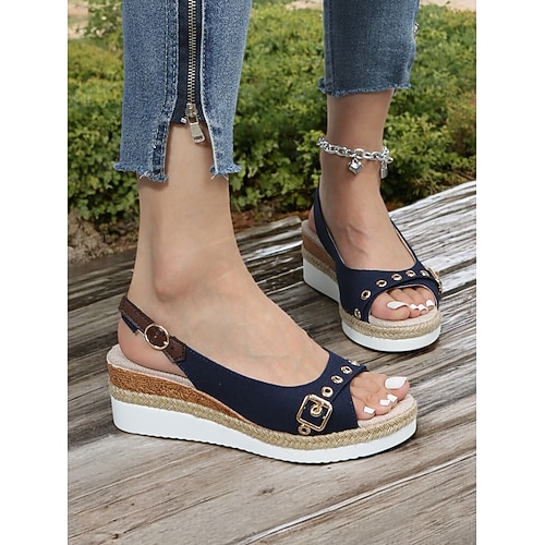 Damen-Peep-Toe-Keilsandalen – schicke Plateau-Espadrille-Absätze mit Ösenriemen für die sommerliche Freizeitkleidung, den Strandurlaub und Partys im Freien Image
